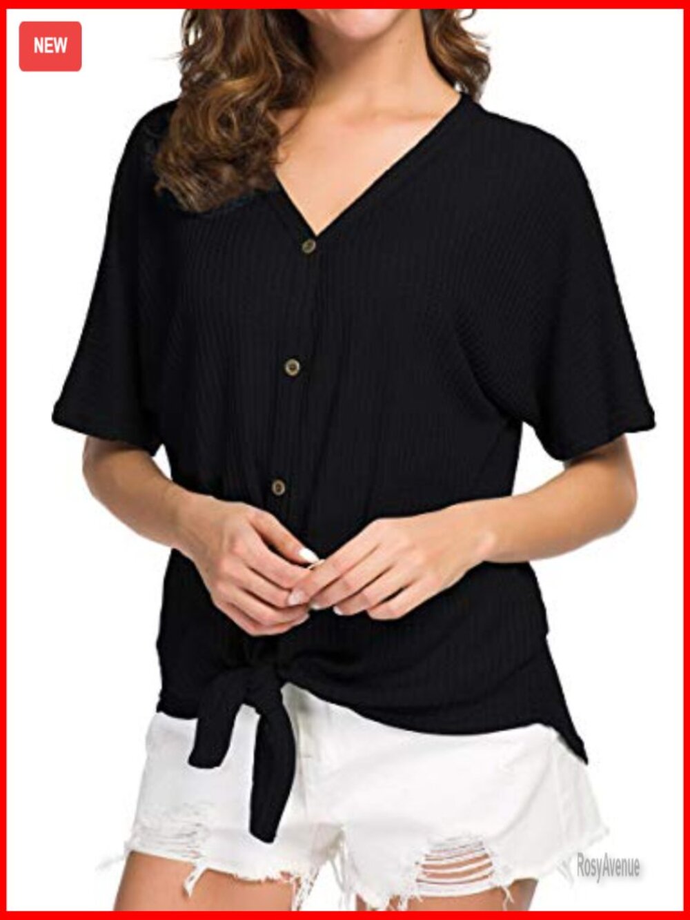 Waffle Knit Tunic Blouse Tie Knot Short Sleeve Henley Tops Loose Fitting Bat - Picture 3 of 5